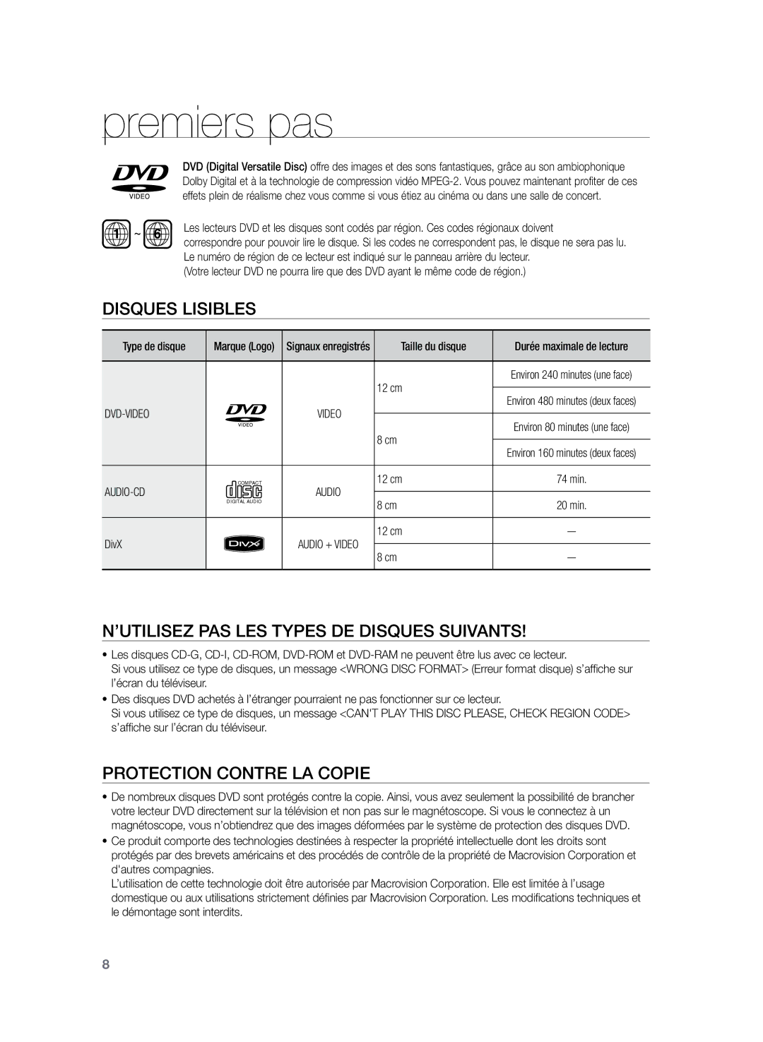 Samsung HT-Z120T/XEF manual Premiers pas, Disques lisibles, ’utilisez pas les types de disques suivants 