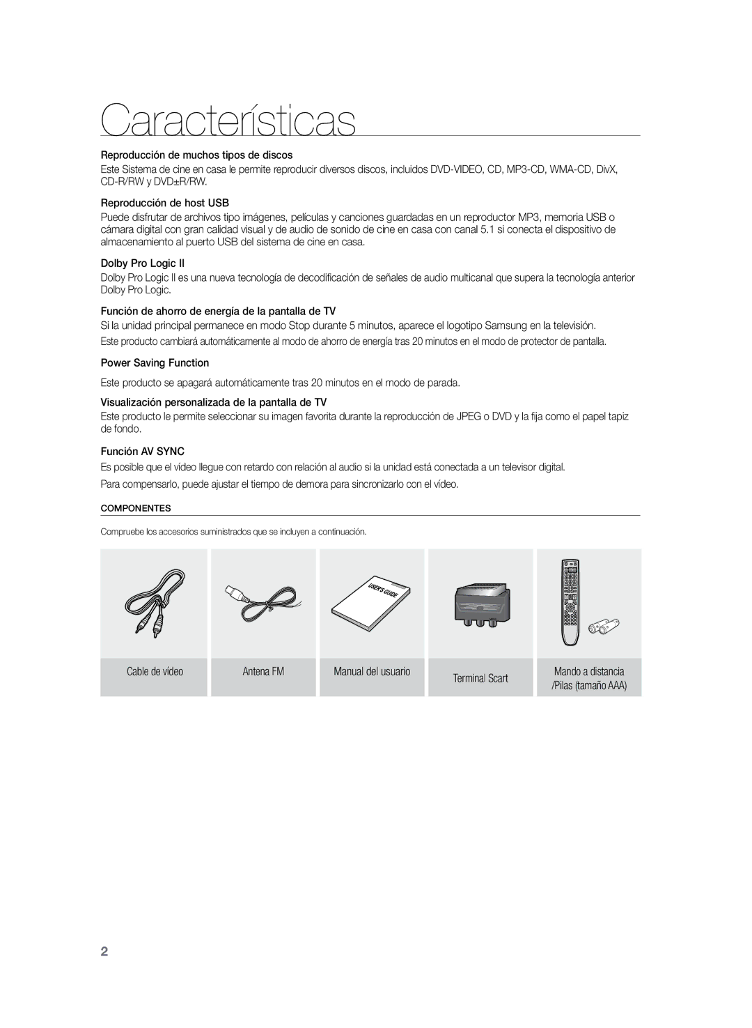 Samsung HT-Z210R/XET, HT-Z210R/EDC manual Características, Cable de vídeo Antena FM Manual del usuario Terminal Scart 