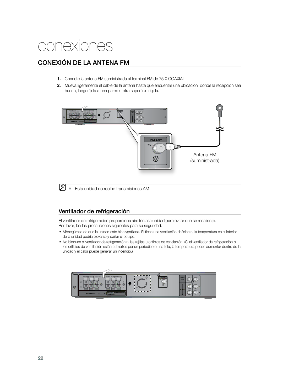 Samsung HT-Z120T/XET, HT-Z210R/EDC manual Conexión de la antena FM, Ventilador de refrigeración, Antena FM Suministrada 