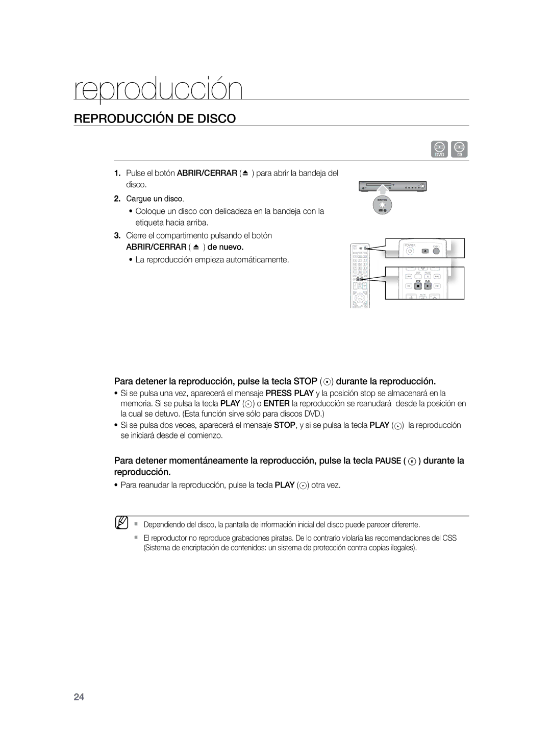 Samsung HT-Z210R/EDC, HT-Z120T/XET Reproducción de disco, Para reanudar la reproducción, pulse la tecla Play otra vez 