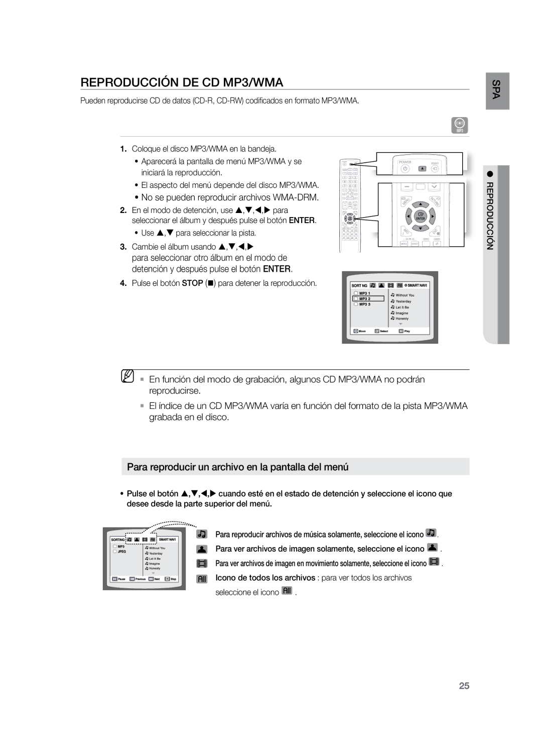 Samsung HT-Z120T/XET, HT-Z210R/EDC manual Reproducción de CD MP3/WMA, Para reproducir un archivo en la pantalla del menú 