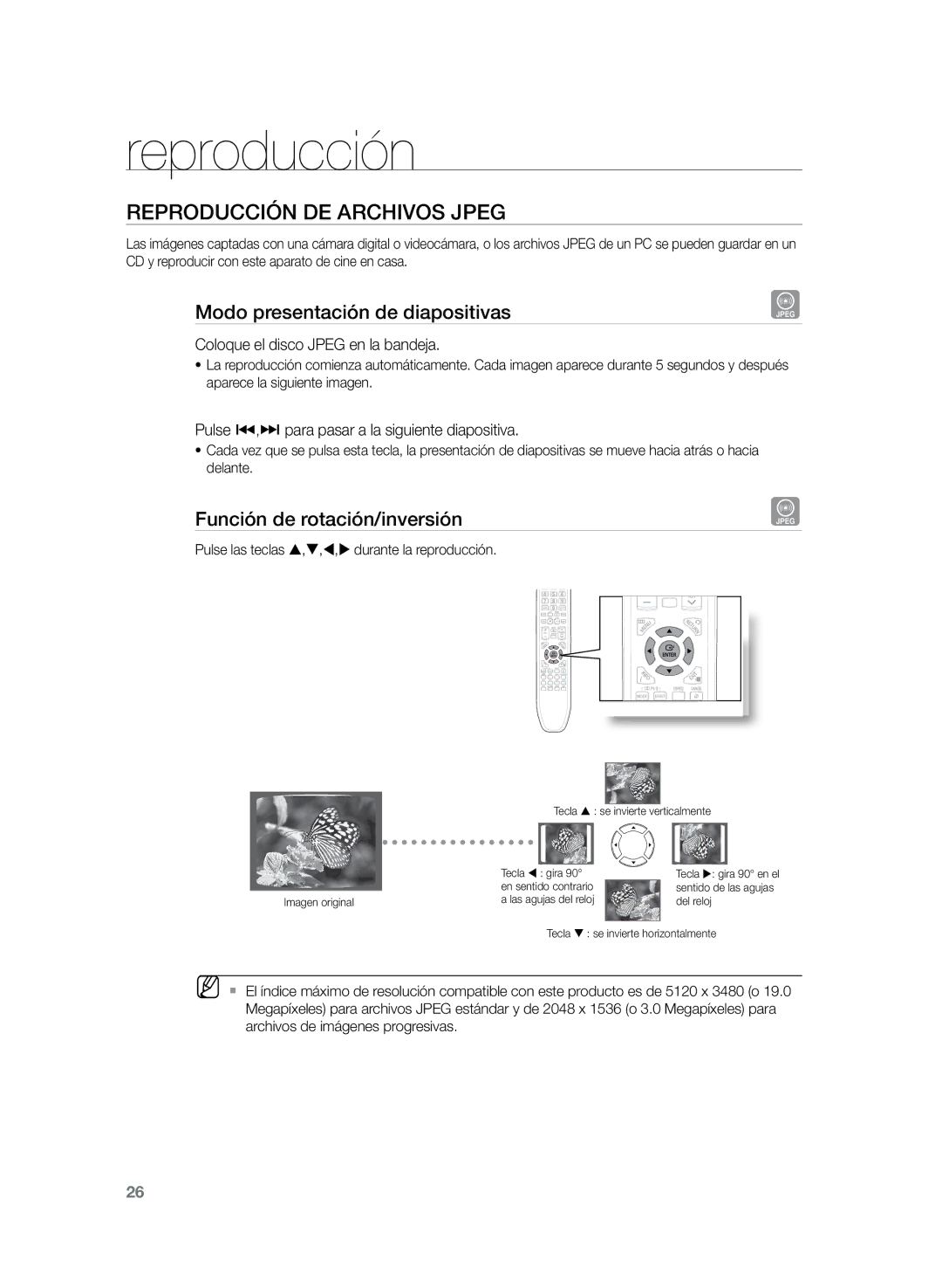 Samsung HT-Z210R/XET manual Reproducción de archivos Jpeg, Modo presentación de diapositivas, Función de rotación/inversión 