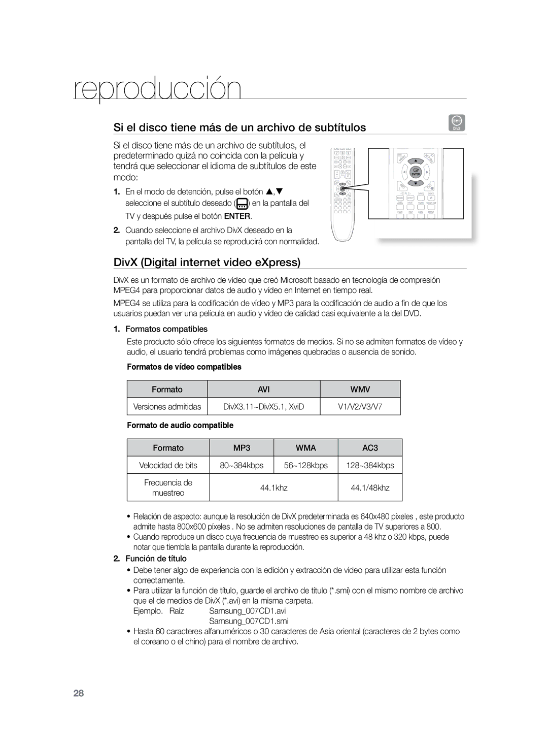 Samsung HT-Z120T/XET Si el disco tiene más de un archivo de subtítulos, DivX Digital internet video eXpress, Modo, Avi Wmv 