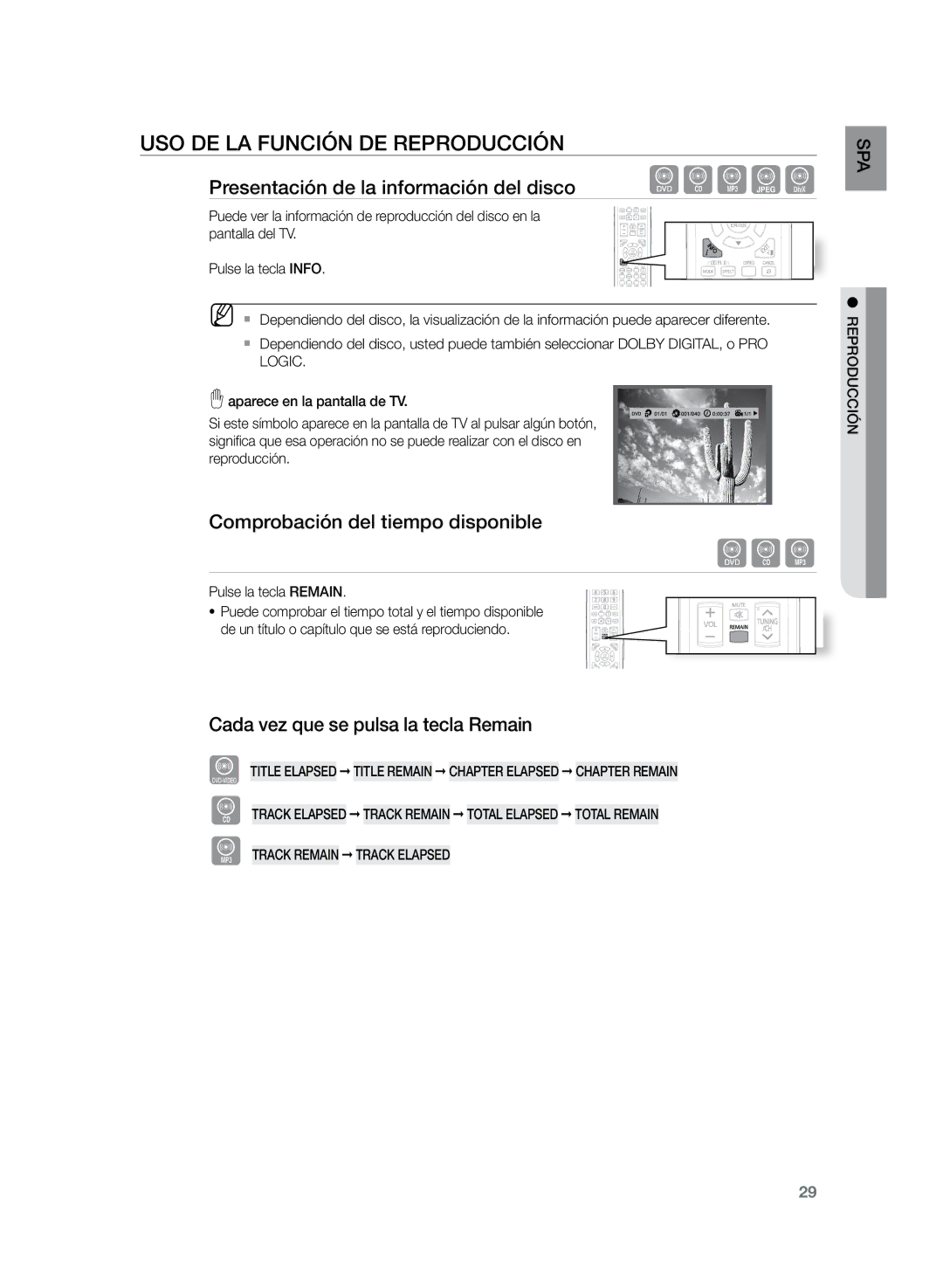 Samsung HT-Z210R/XET, HT-Z210R/EDC manual Uso de la función de reproducción, Presentación de la información del disco dB AGD 