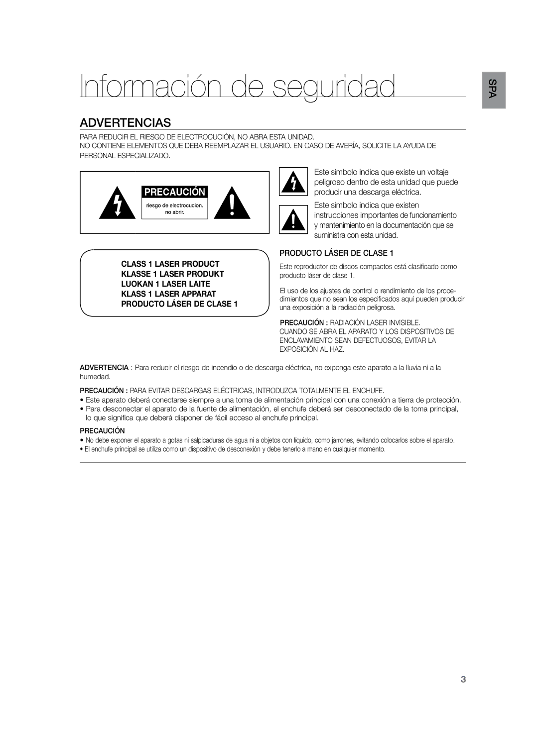 Samsung HT-Z210R/EDC, HT-Z120T/XET, HT-Z210R/XET manual Información de seguridad, Advertencias, Producto Láser DE Clase 