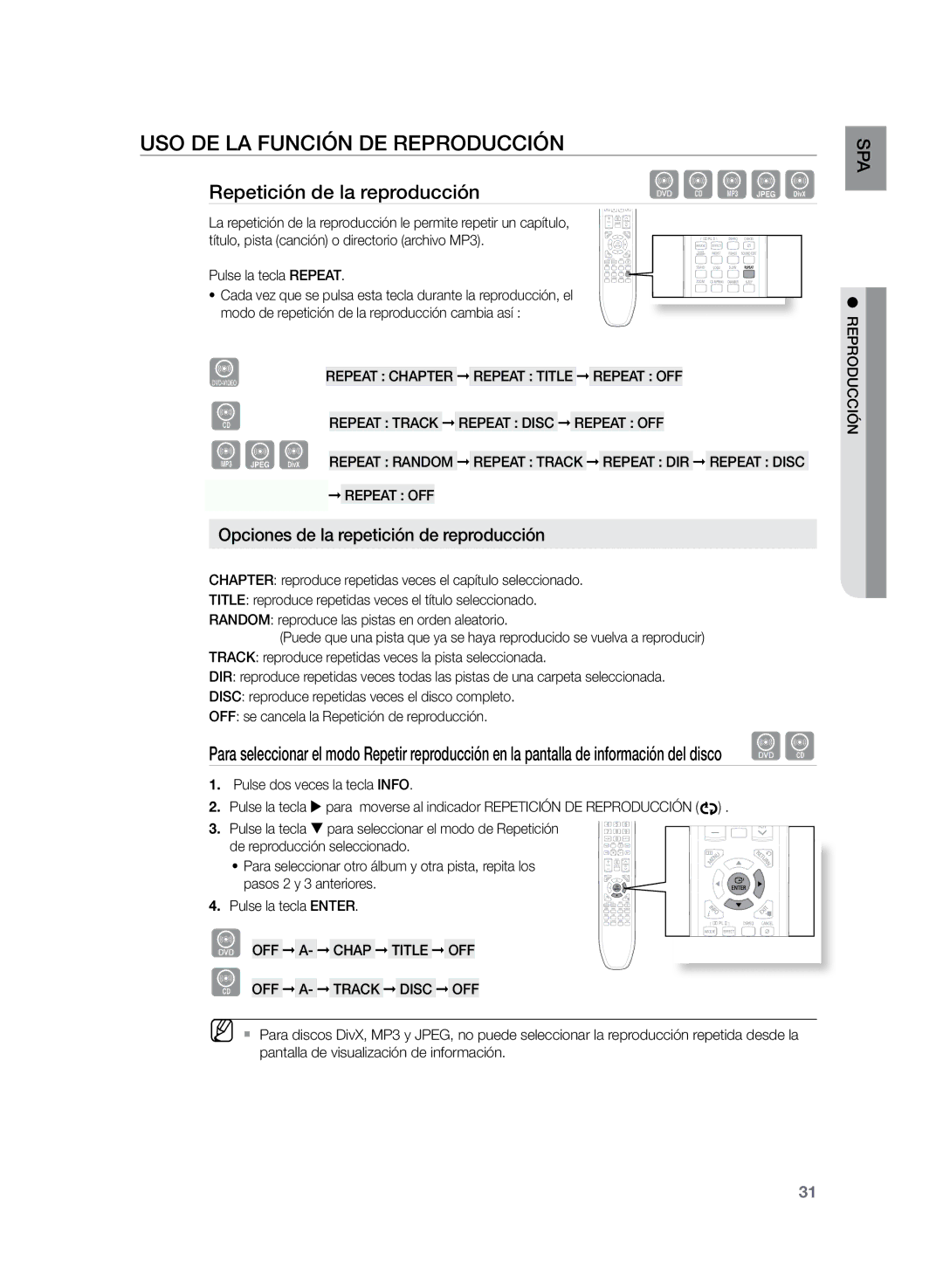 Samsung HT-Z120T/XET manual Repetición de la reproducción, Opciones de la repetición de reproducción, Pulse la tecla Repeat 