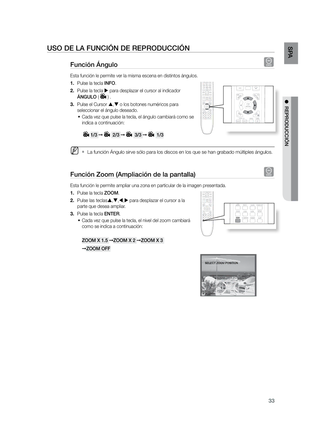 Samsung HT-Z210R/EDC manual Función Ángulo, Función Zoom Ampliación de la pantalla, Zoom X 1.5 Zoom X 2 Zoom X 3 Zoom OFF 