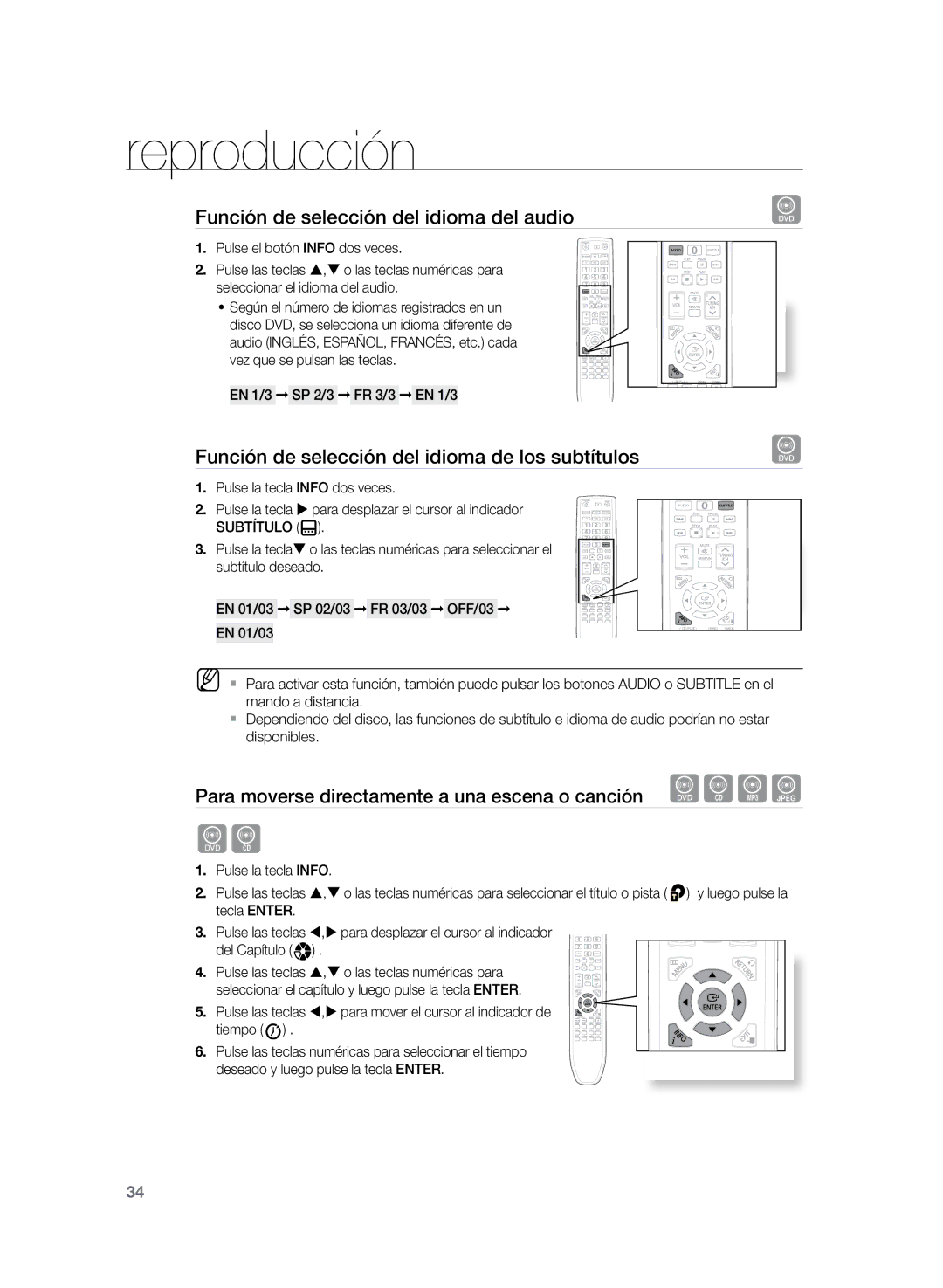 Samsung HT-Z120T/XET manual Función de selección del idioma del audio, Función de selección del idioma de los subtítulos 