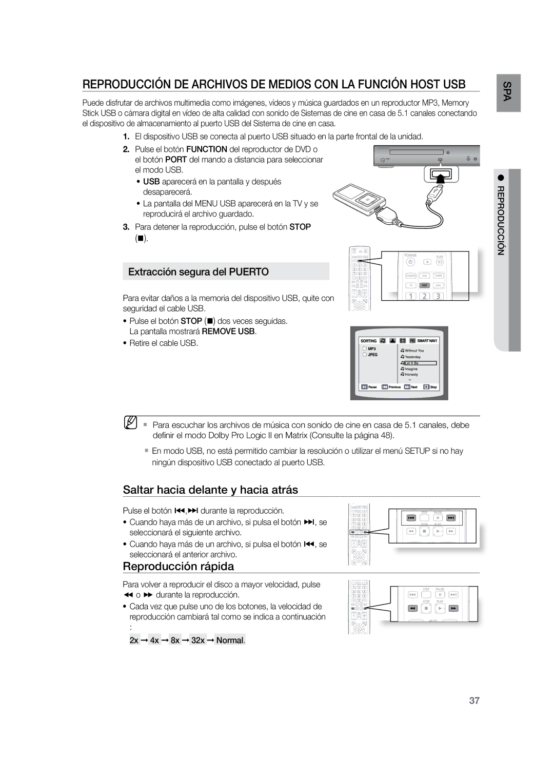 Samsung HT-Z120T/XET Reproducción de archivos de medios con la función Host USB, Reproducción rápida, Retire el cable USB 