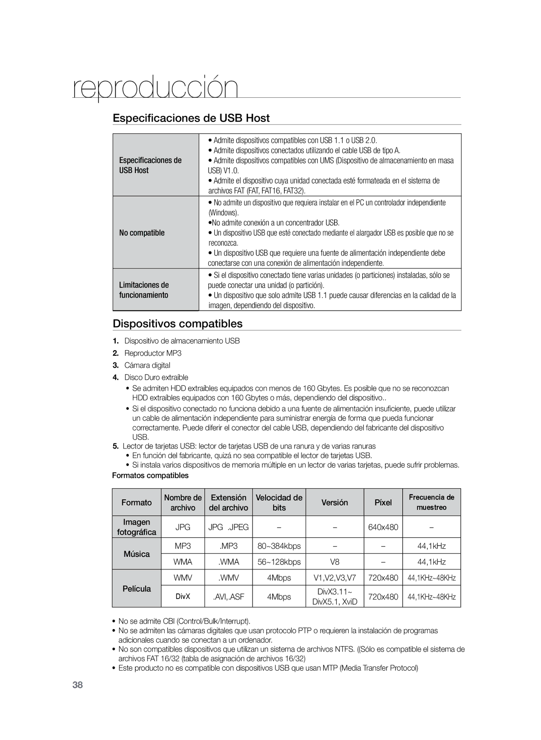 Samsung HT-Z210R/XET, HT-Z210R/EDC, HT-Z120T/XET manual Especificaciones de USB Host, Dispositivos compatibles 