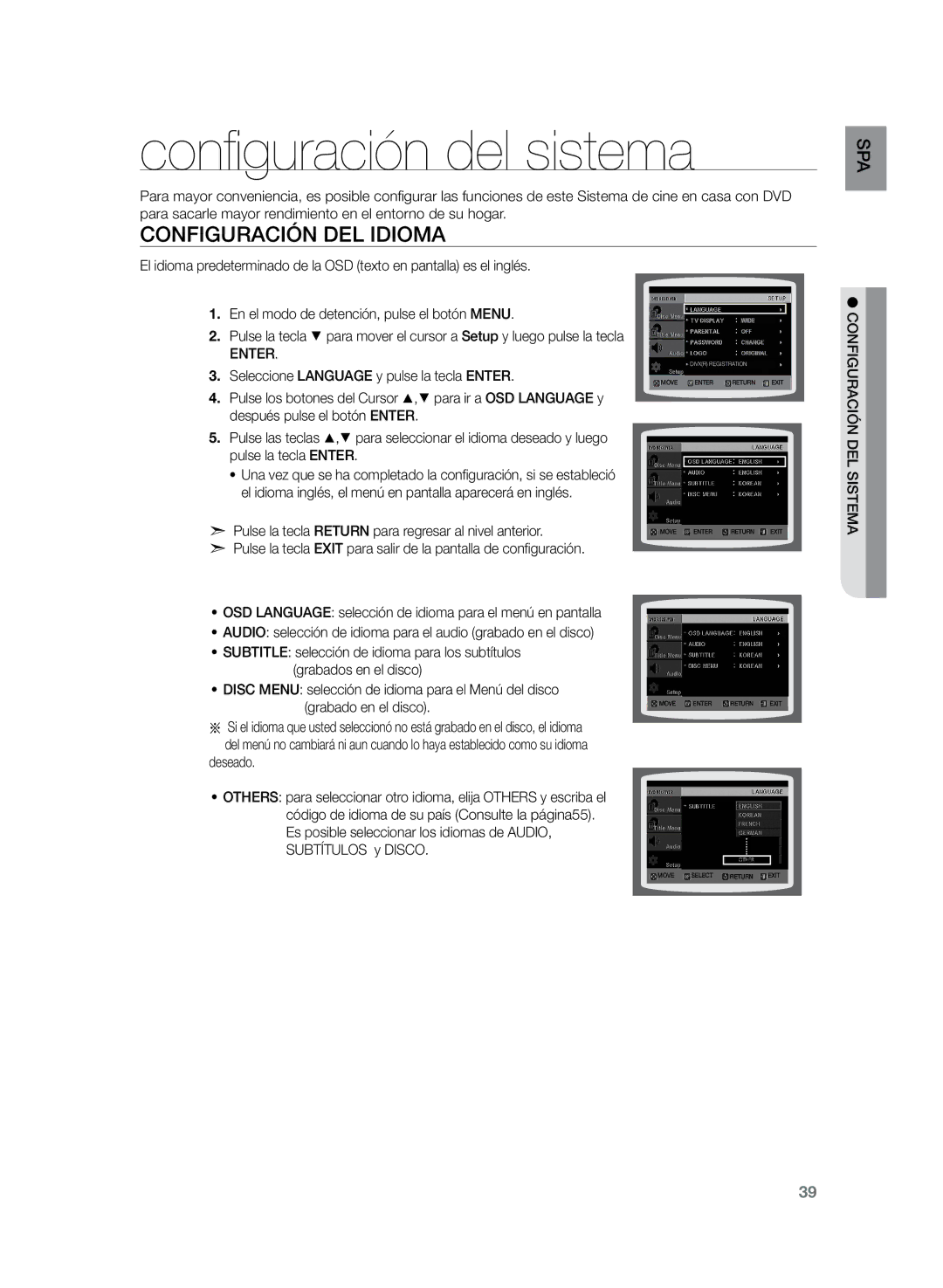 Samsung HT-Z210R/EDC manual Configuración del sistema, Configuración del idioma, SPA delsistema g, Enter, Uración confi 