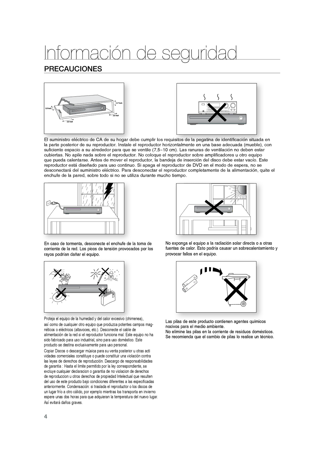 Samsung HT-Z120T/XET, HT-Z210R/EDC, HT-Z210R/XET manual Precauciones 