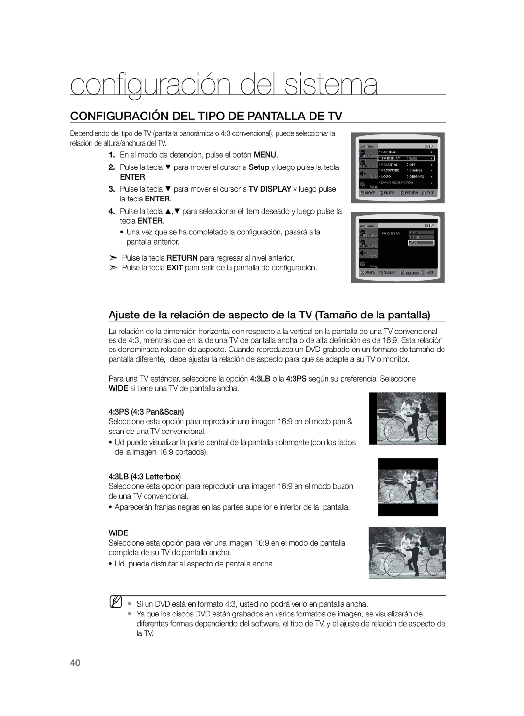 Samsung HT-Z120T/XET, HT-Z210R/EDC, HT-Z210R/XET manual Configuración del tipo de pantalla de TV, Wide 