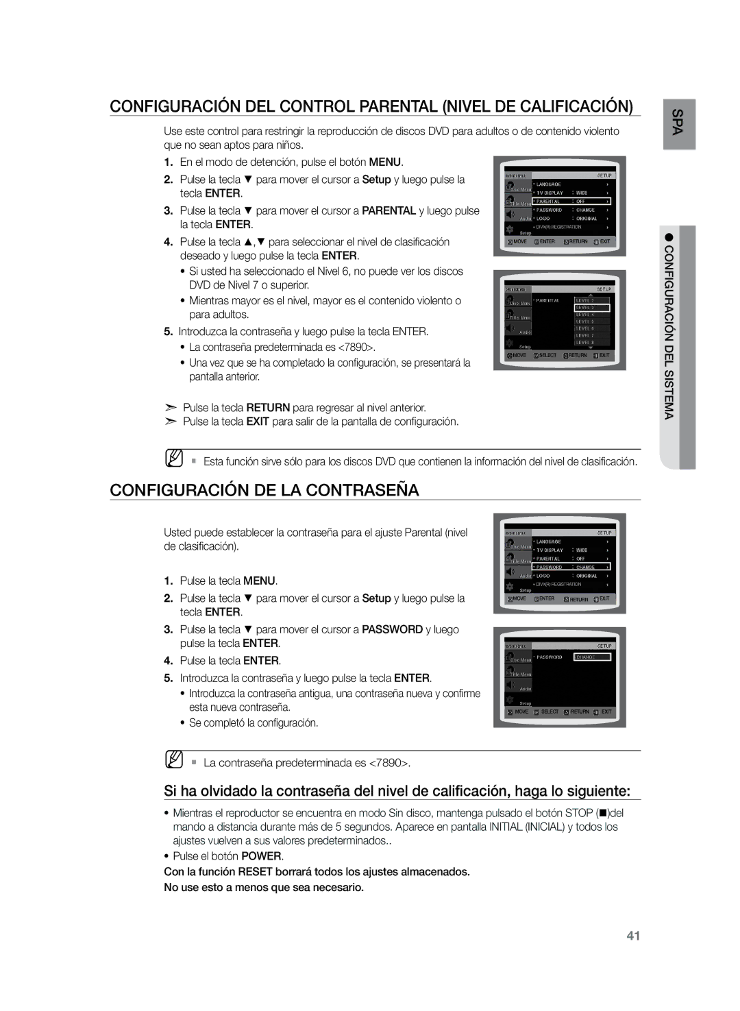 Samsung HT-Z210R/XET manual Configuración del control parental Nivel DE Calificación, Configuración de la contraseña 