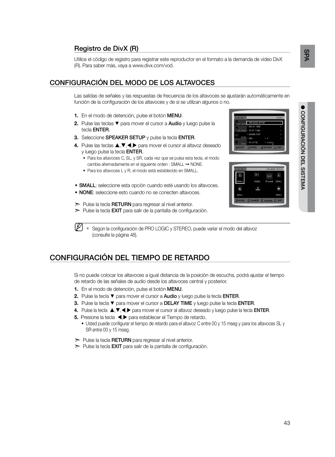 Samsung HT-Z120T/XET Configuración del tiempo de retardo, Registro de DivX R, Configuración del modo de los altavoces 