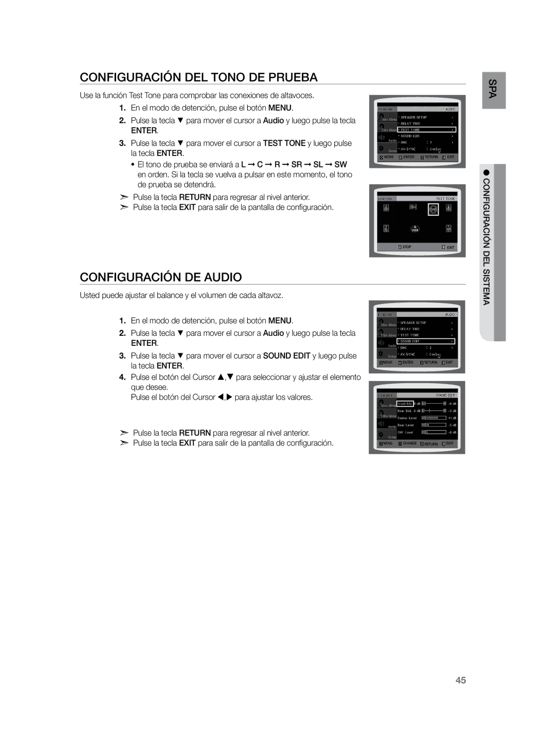 Samsung HT-Z210R/EDC, HT-Z120T/XET, HT-Z210R/XET manual Configuración del tono de prueba, Configuración de Audio 