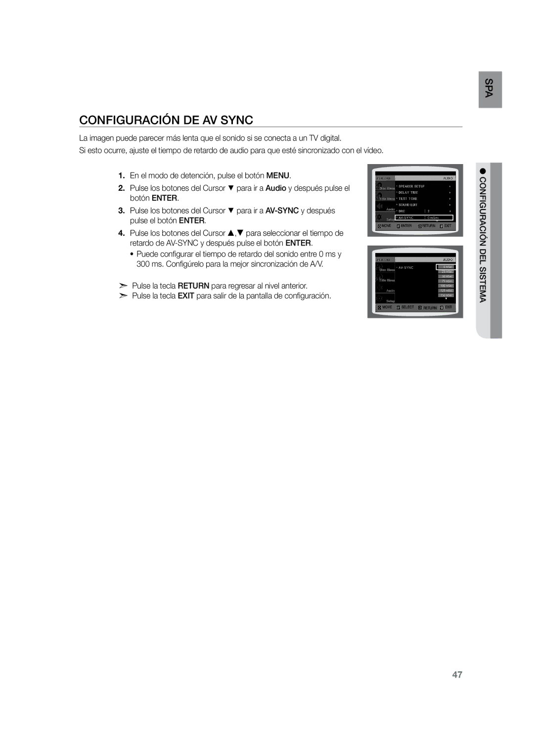 Samsung HT-Z210R/XET, HT-Z210R/EDC, HT-Z120T/XET manual Configuración de AV Sync, SPA delsistema guración confi 