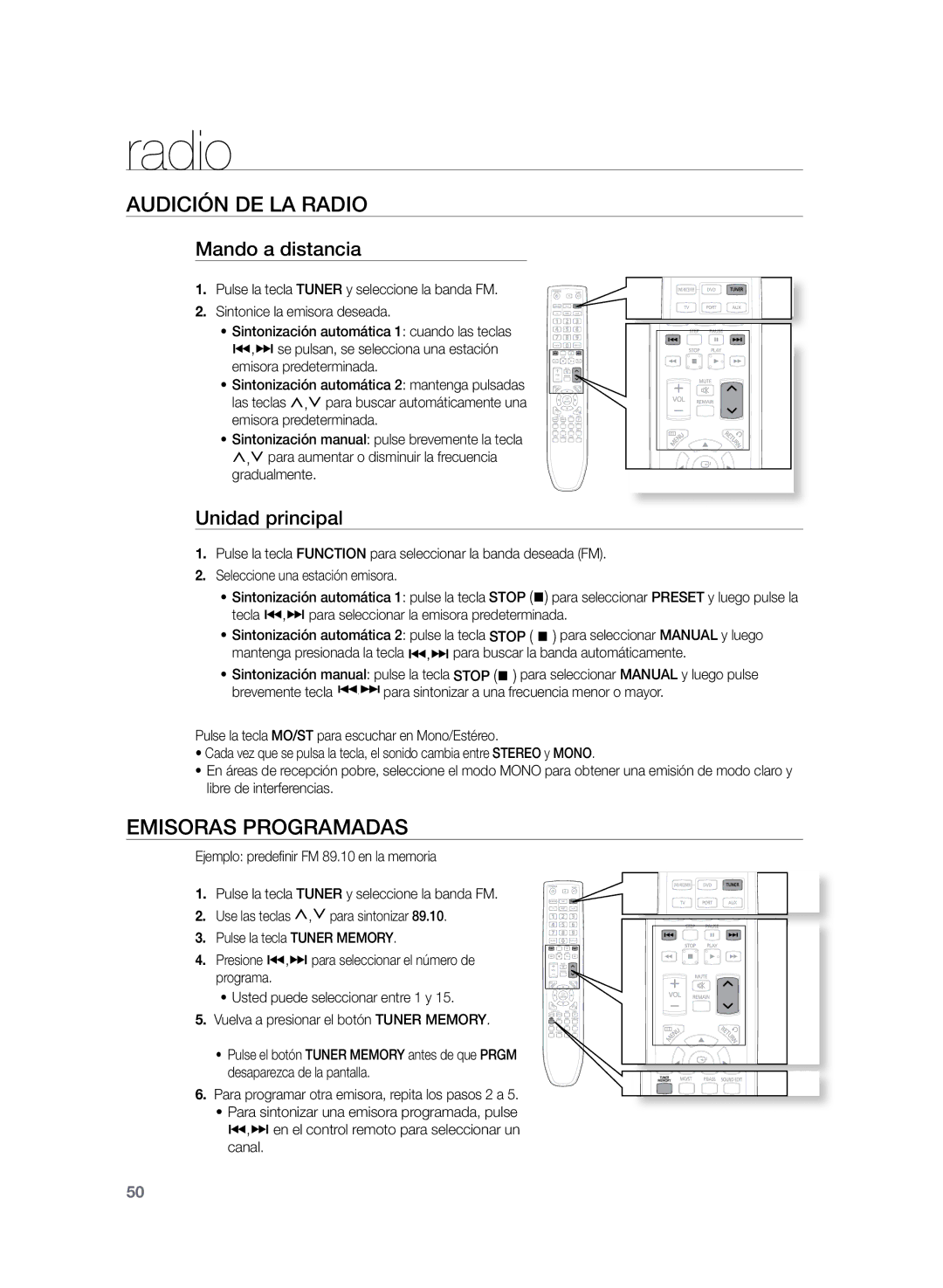 Samsung HT-Z210R/XET, HT-Z210R/EDC Radio, Audición DE la radio, Emisoras programadas, Mando a distancia, Unidad principal 