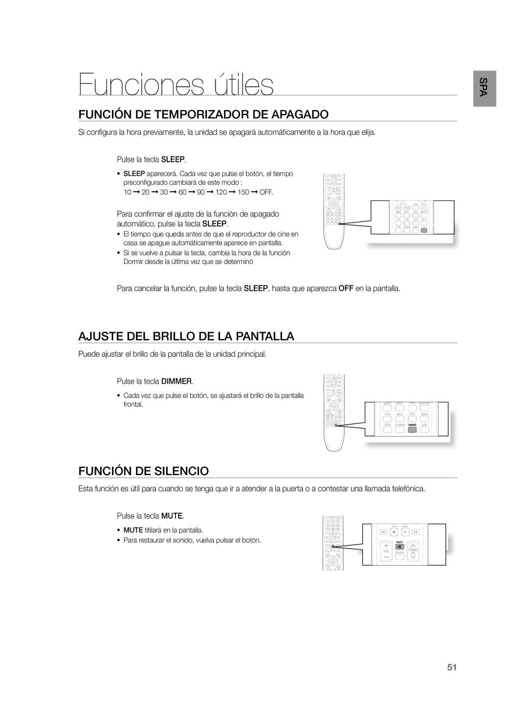 Samsung HT-Z210R/EDC, HT-Z120T/XET, HT-Z210R/XET Funciones útiles, Ajuste del brillo de la pantalla, Función DE Silencio 