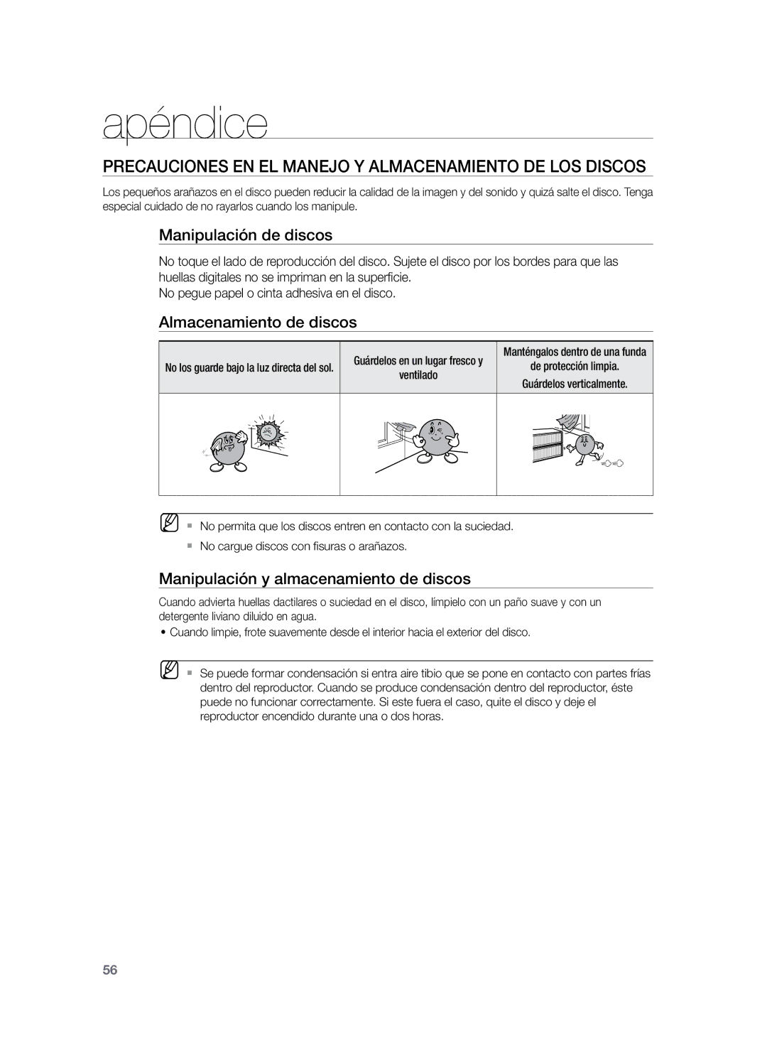 Samsung HT-Z210R/XET manual Apéndice, Precauciones en el manejo y almacenamiento de los discos, Manipulación de discos 