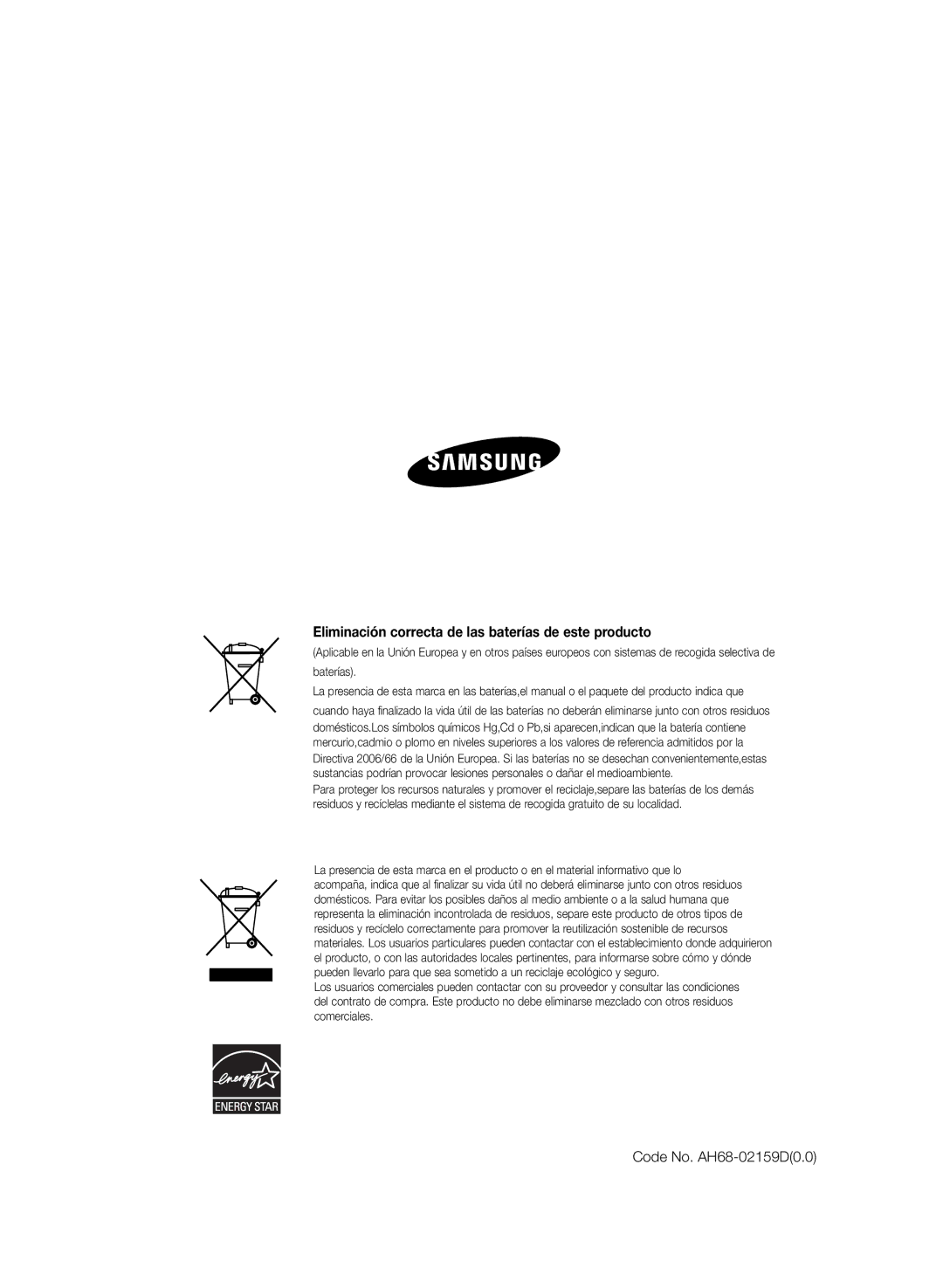 Samsung HT-Z210R/EDC, HT-Z120T/XET manual Eliminación correcta de las baterías de este producto, Code No. AH68-02159D0.0 