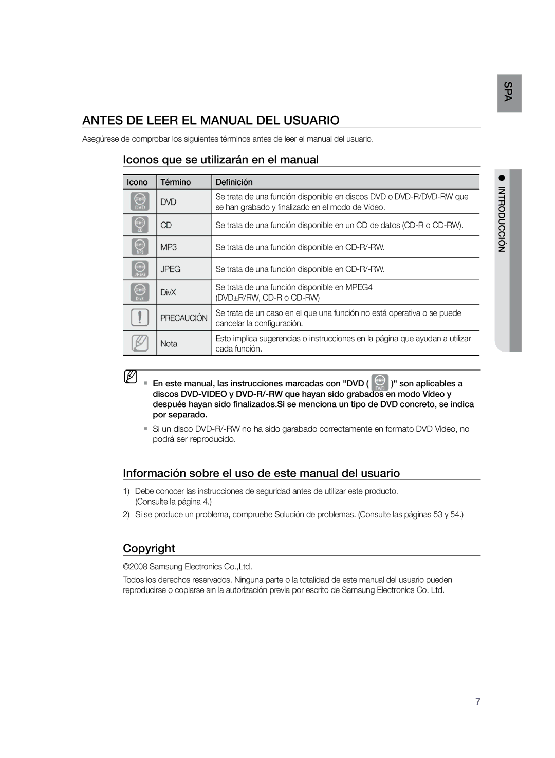 Samsung HT-Z120T/XET, HT-Z210R/EDC Antes de leer el Manual del usuario, Iconos que se utilizarán en el manual, Copyright 