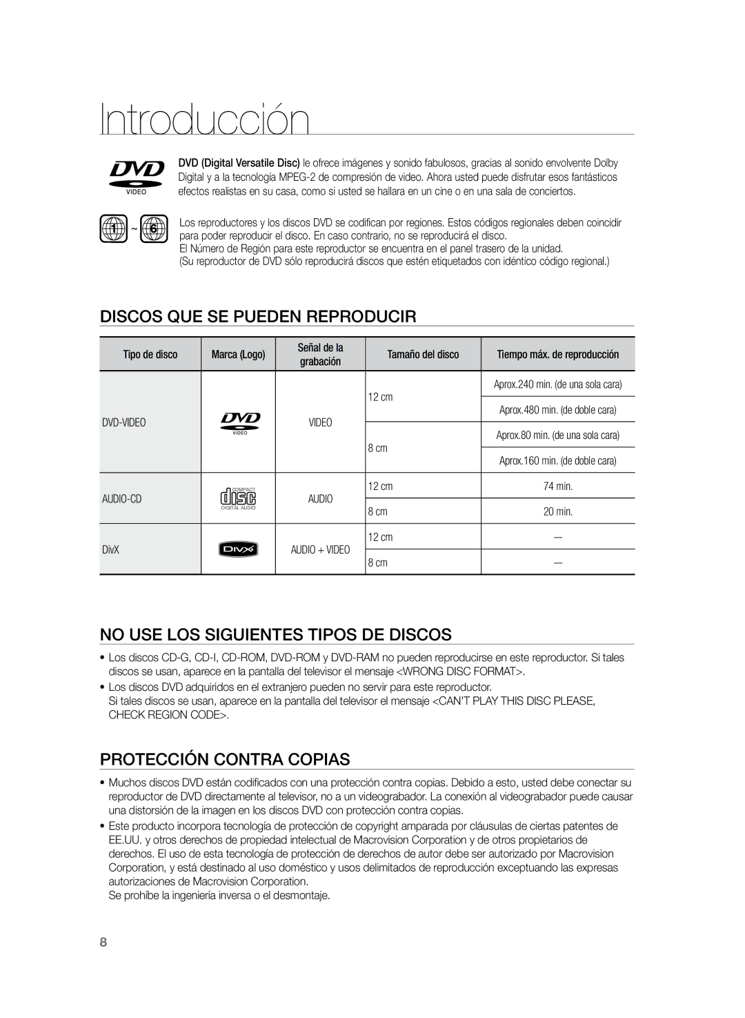 Samsung HT-Z210R/XET, HT-Z210R/EDC Introducción, Discos que se pueden reproducir, No use los siguientes tipos de discos 