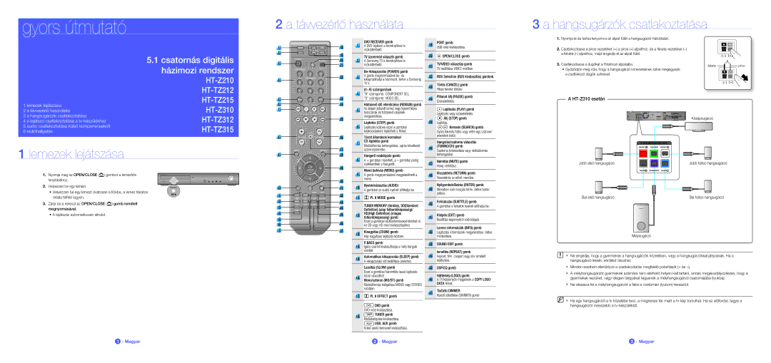 Samsung HT-Z210R/XET, HT-Z210R/EDC manual Távvezérlő használata Hangsugárzók csatlakoztatása, Lemezek lejátszása 