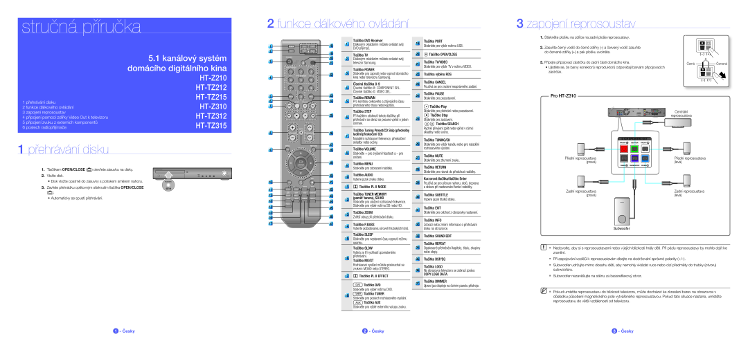 Samsung HT-Z210R/EDC manual funkce dálkového ovládání, zapojení reprosoustav, 1 přehrávání disku, 1 - Česky, 2 - Česky 