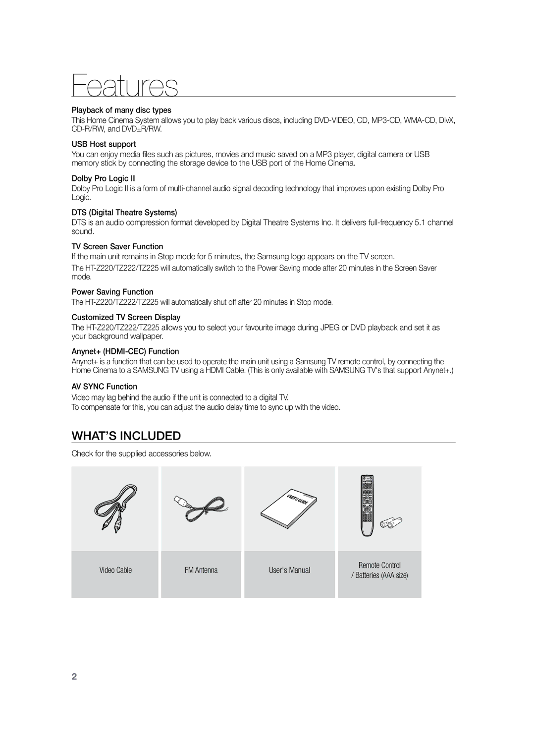 Samsung HT-TZ225, HT-Z220, HT-TZ222 user manual Features, What’s included 