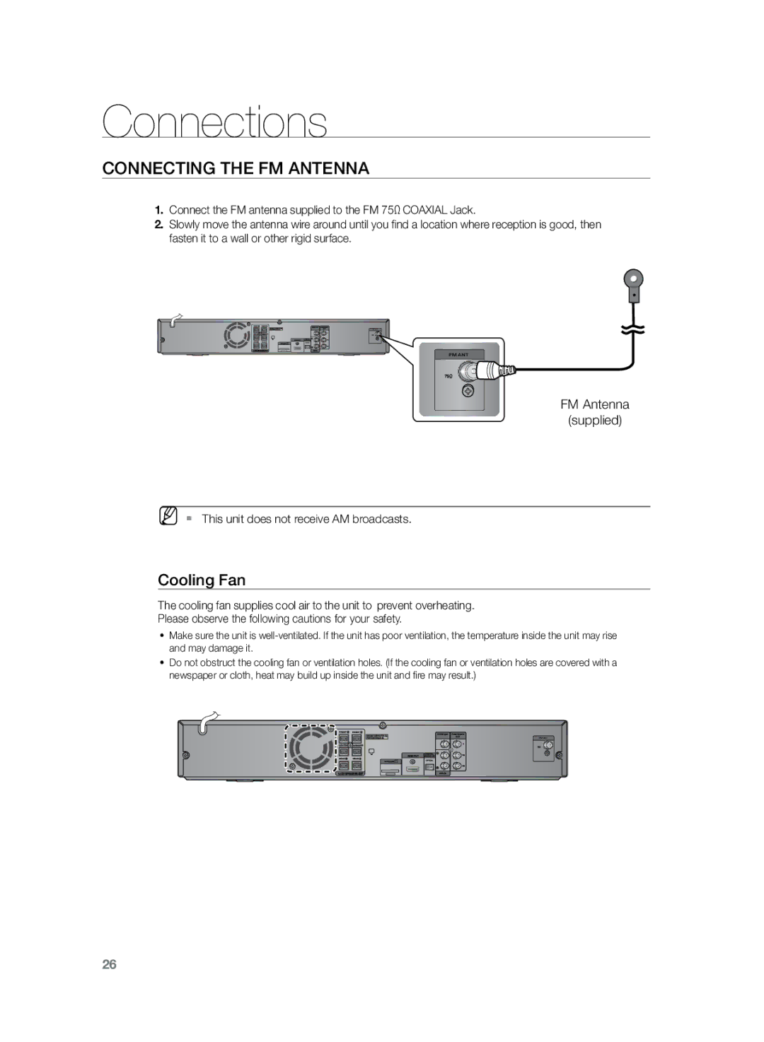 Samsung HT-TZ225, HT-Z220, HT-TZ222 user manual Connecting the FM Antenna, Cooling Fan, FM Antenna Supplied 