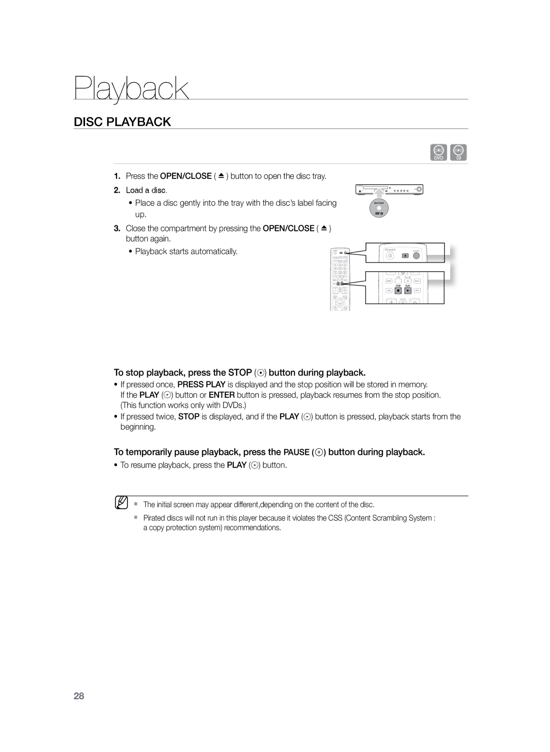 Samsung HT-TZ222, HT-Z220, HT-TZ225 user manual Disc Playback, To stop playback, press the Stop button during playback 