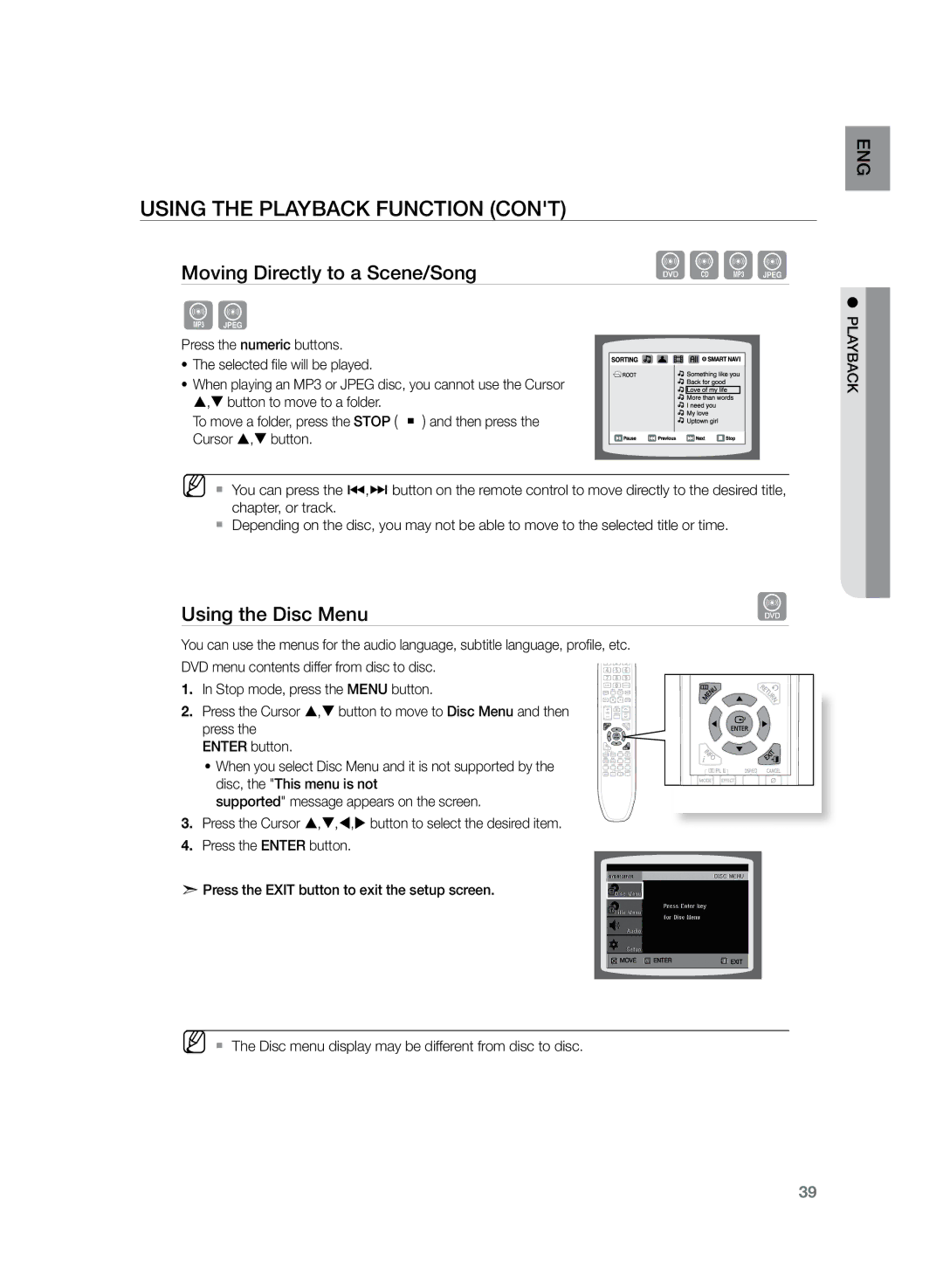 Samsung HT-Z220, HT-TZ222, HT-TZ225 user manual Using the Disc Menu, Press the numeric buttons Selected file will be played 