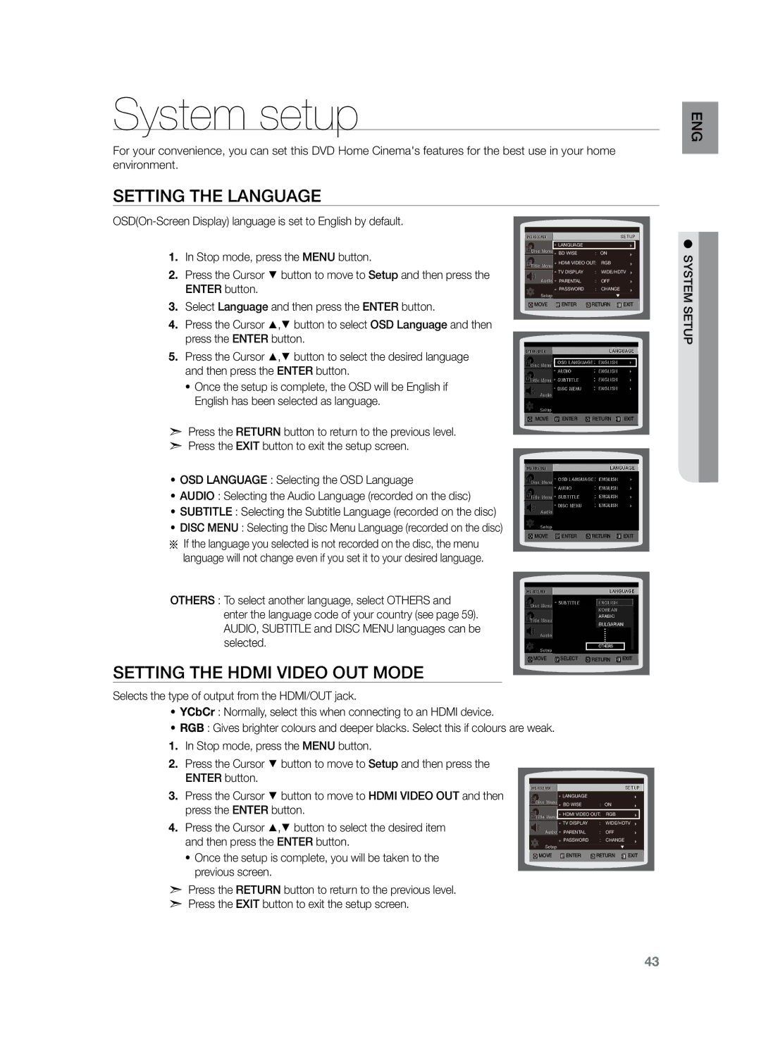 Samsung HT-TZ222, HT-Z220, HT-TZ225 user manual System setup, Setting the Language, Setting the Hdmi Video OUT Mode 