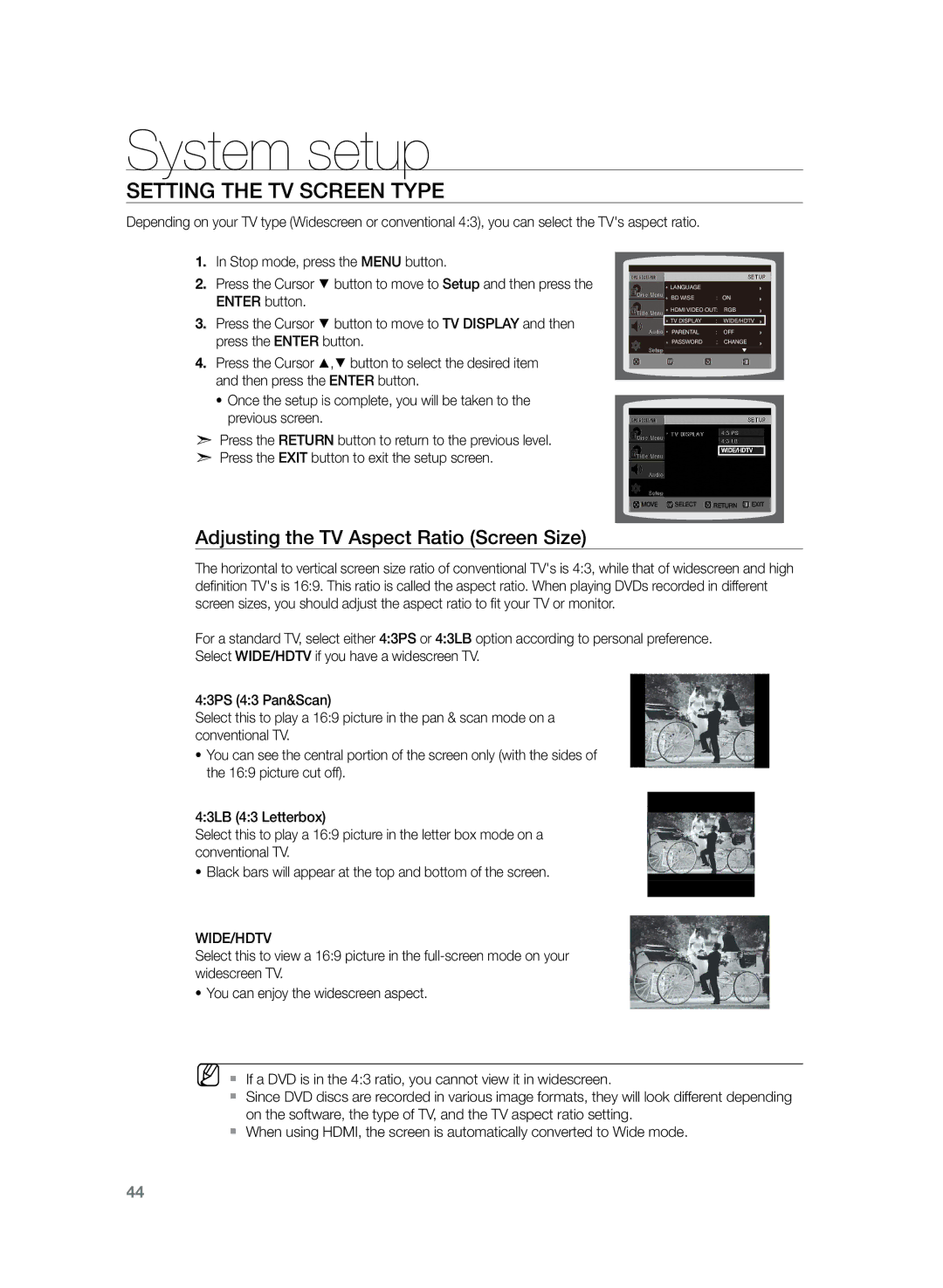 Samsung HT-TZ225, HT-Z220, HT-TZ222 Setting the TV Screen Type, Adjusting the TV Aspect Ratio Screen Size, Wide/Hdtv 