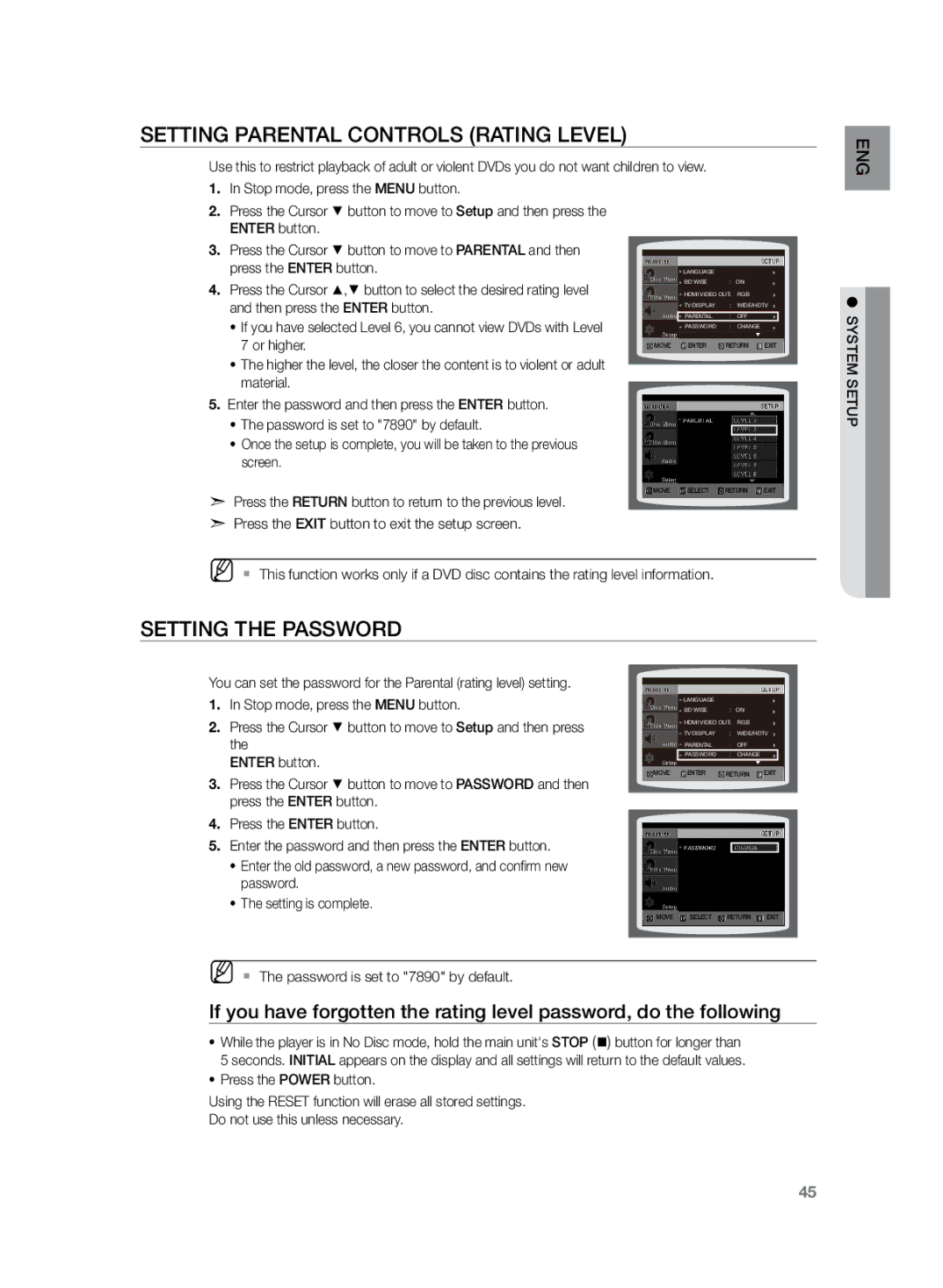 Samsung HT-Z220 Setting Parental Controls Rating Level, Setting the Password, MM`` The password is set to 7890 by default 