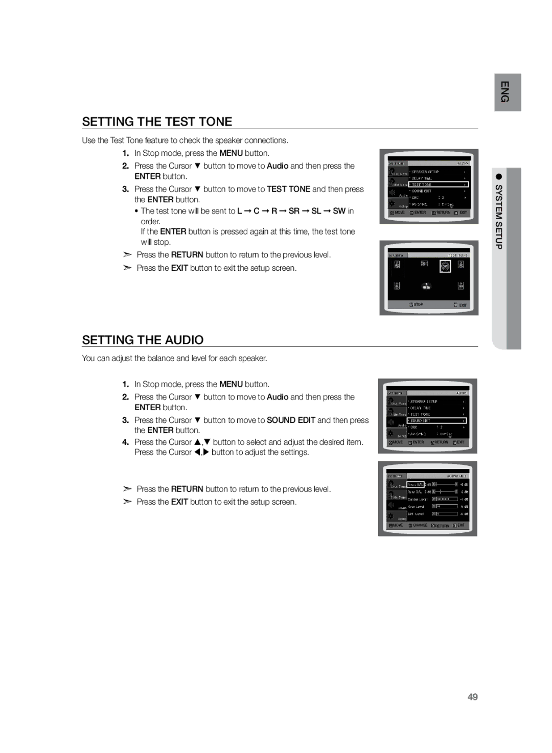 Samsung HT-TZ222, HT-Z220, HT-TZ225 user manual Setting the Test Tone, Setting the Audio 