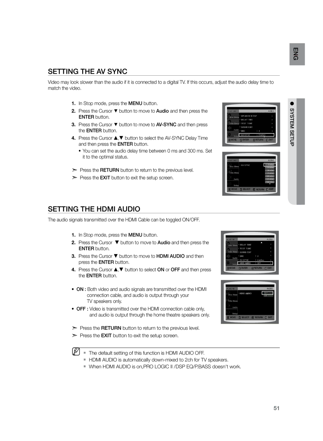 Samsung HT-Z220, HT-TZ222, HT-TZ225 user manual Setting the AV Sync, Setting the Hdmi Audio 