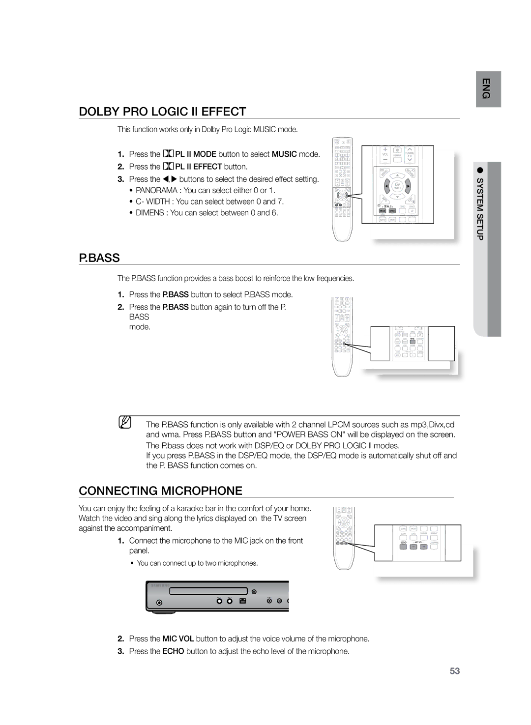 Samsung HT-TZ225, HT-Z220, HT-TZ222 user manual Dolby Pro Logic II Effect, Connecting Microphone 