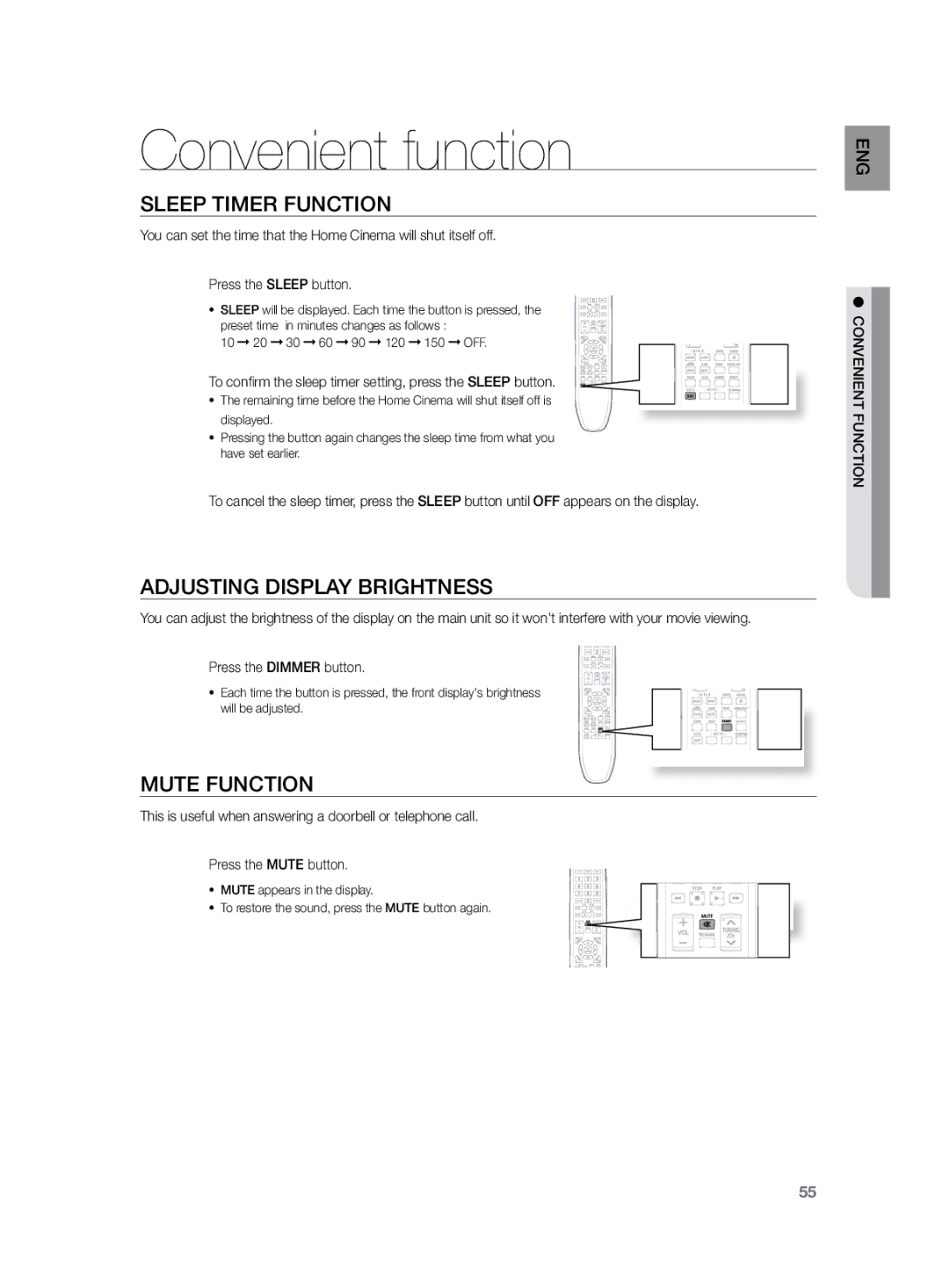 Samsung HT-TZ222, HT-Z220, HT-TZ225 Convenient function, Sleep Timer Function, Adjusting Display Brightness, Mute Function 