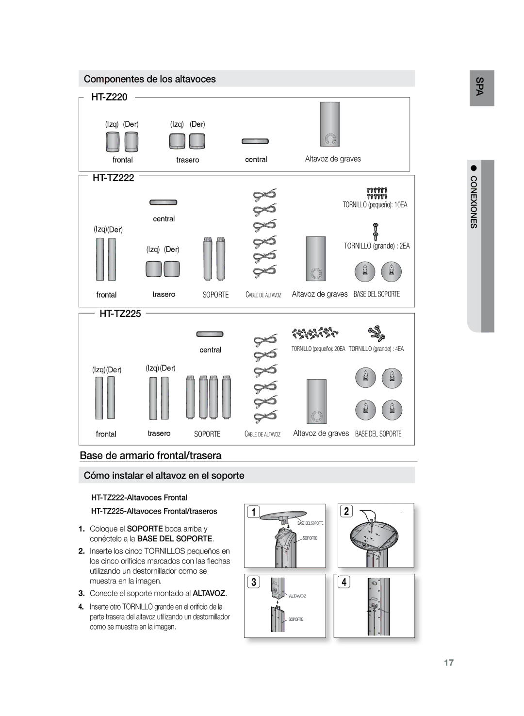 Samsung HT-TZ225R/XET manual Base de armario frontal/trasera, Soporte, Conexiones, Conecte el soporte montado al Altavoz 