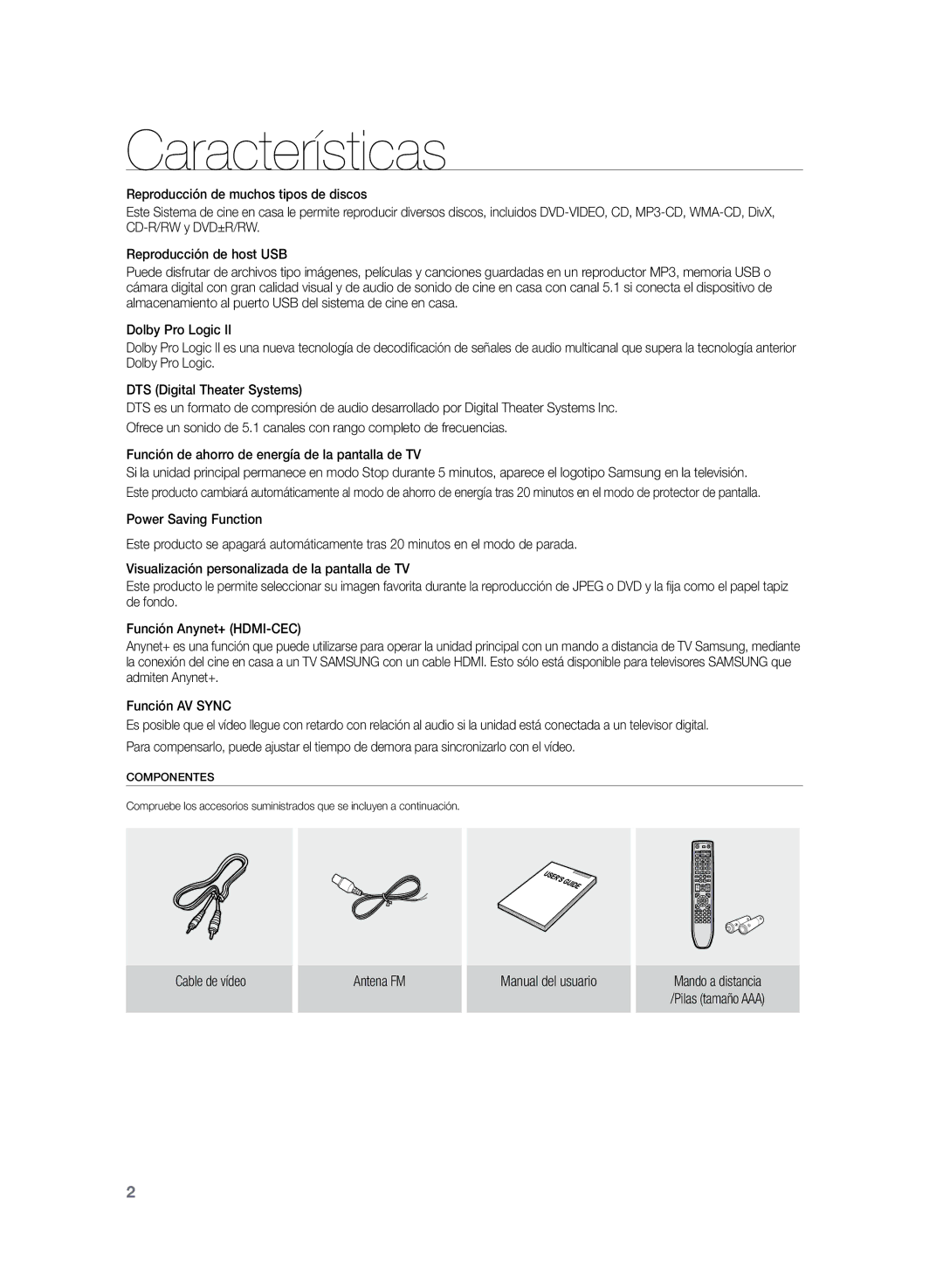 Samsung HT-TZ225R/XET, HT-Z220R/EDC, HT-Z220R/XET manual Características, Cable de vídeo Antena FM Manual del usuario 