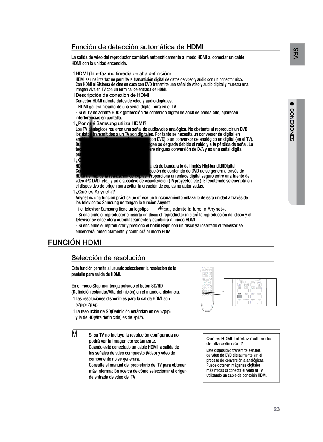 Samsung HT-TZ225R/XET, HT-Z220R/EDC manual Función Hdmi, Función de detección automática de Hdmi, Selección de resolución 