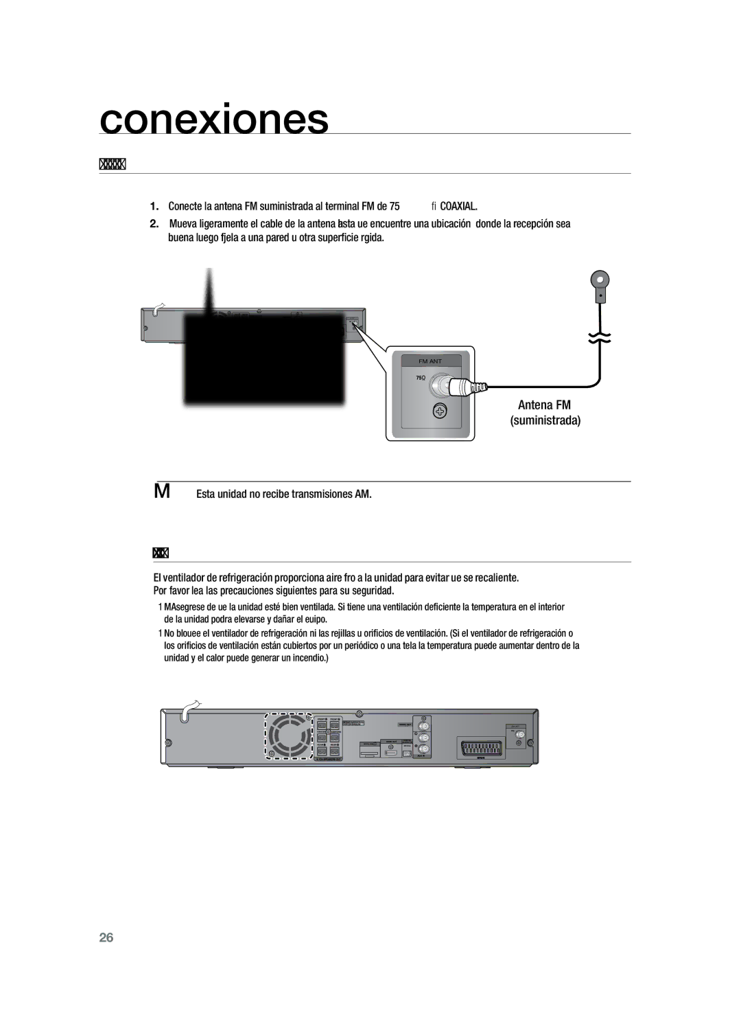 Samsung HT-TZ225R/XET, HT-Z220R/EDC manual Conexión de la antena FM, Ventilador de refrigeración, Antena FM Suministrada 