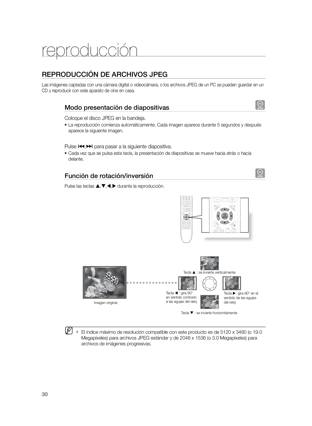 Samsung HT-Z220R/EDC manual Reproducción de archivos Jpeg, Modo presentación de diapositivas, Función de rotación/inversión 