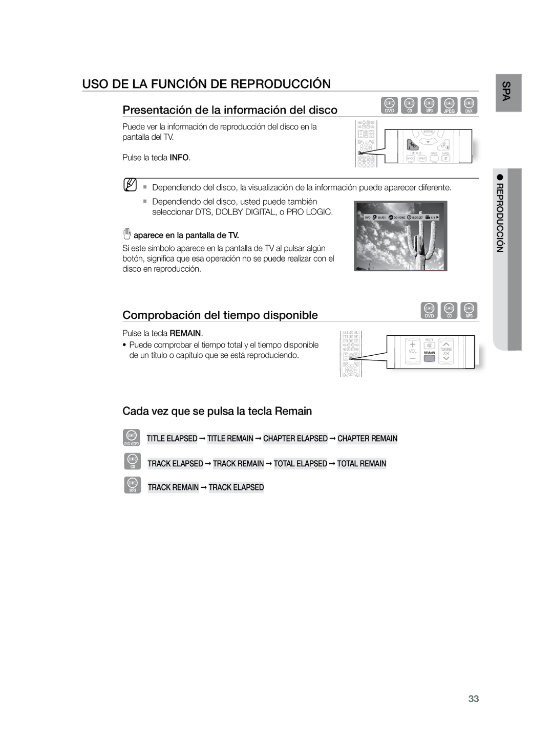 Samsung HT-Z220R/EDC, HT-Z220R/XET manual Uso de la función de reproducción, Presentación de la información del disco dBAGD 