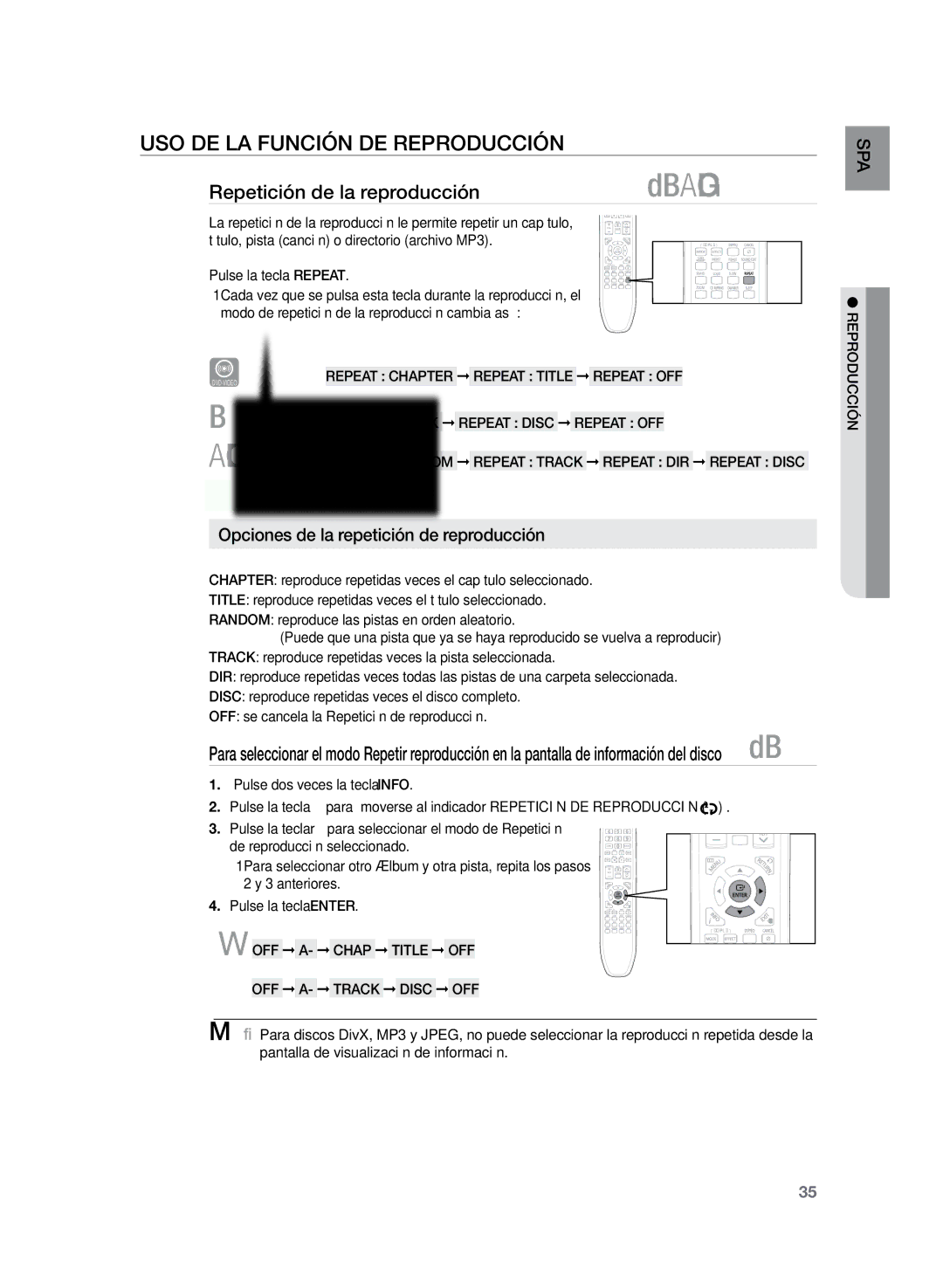 Samsung HT-TZ225R/XET, HT-Z220R/EDC manual Repetición de la reproducción, Pulse la tecla Repeat, OFF A- Track Disc OFF 