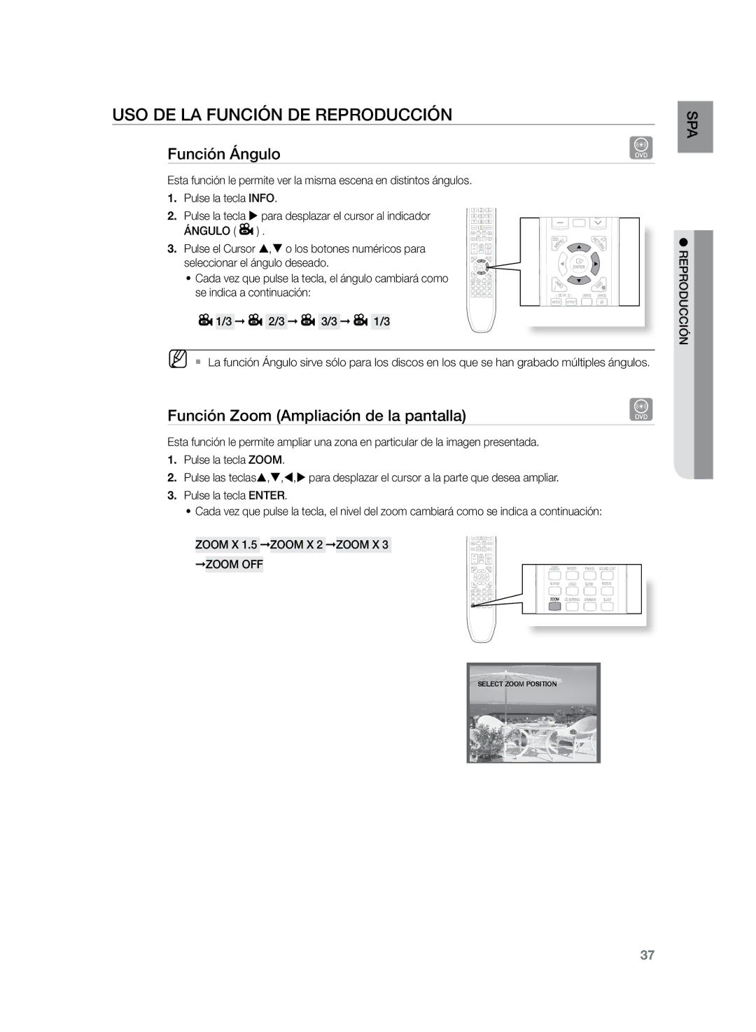 Samsung HT-Z220R/XET manual Función Ángulo, Función Zoom Ampliación de la pantalla, Zoom X 1.5 Zoom X 2 Zoom X 3 Zoom OFF 