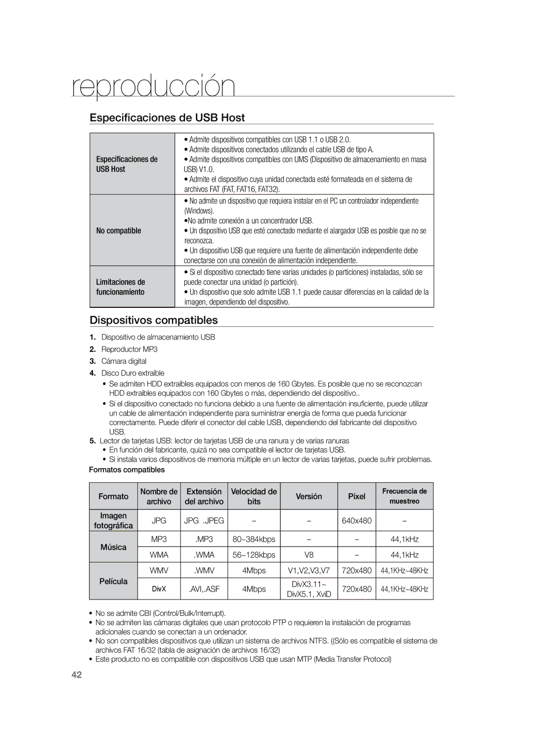 Samsung HT-Z220R/EDC, HT-Z220R/XET, HT-TZ225R/XET manual Especificaciones de USB Host, Dispositivos compatibles 