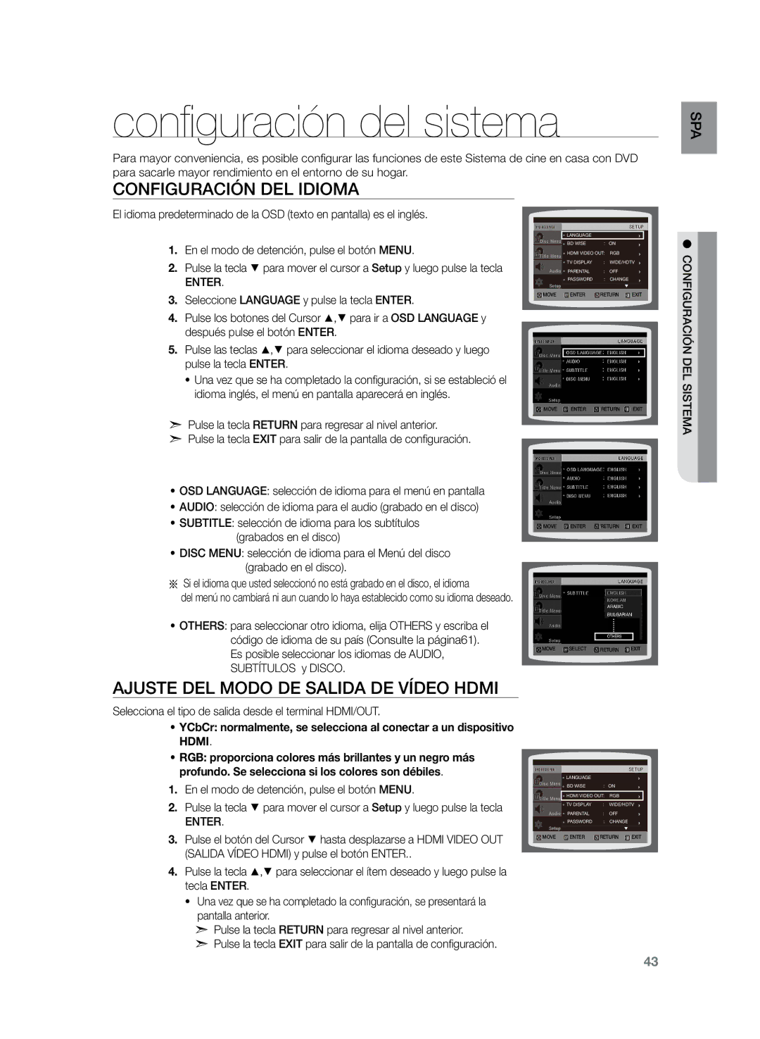 Samsung HT-Z220R/XET, HT-Z220R/EDC manual Configuración del sistema, Configuración del idioma, Enter, Guración confi 